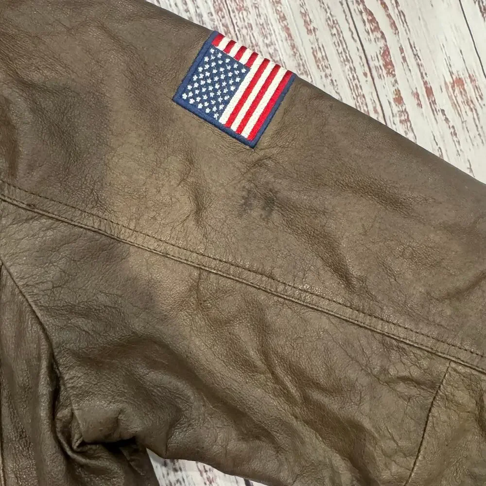 Bradford Exchange Leather Bomber Eagle Flag Embroidery Removable Collar M